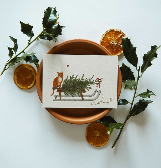 Kerstkaart met envelop | Percey haalt de boom op